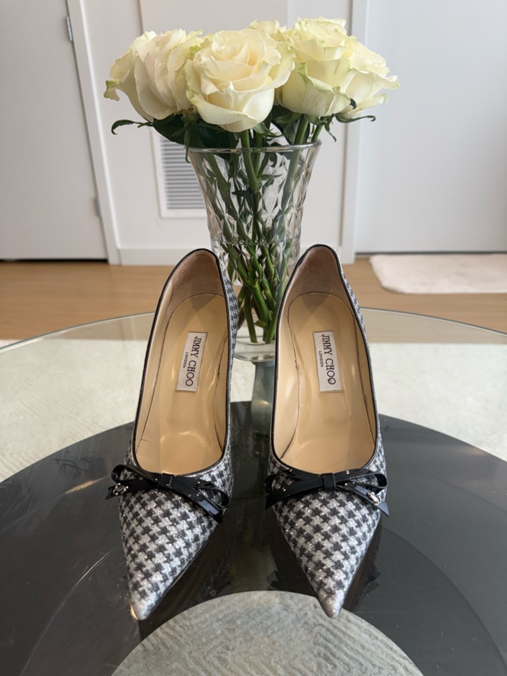 Jimmy Choo Black & White Houndstooth Pointed Toe Pumps with patent Bow